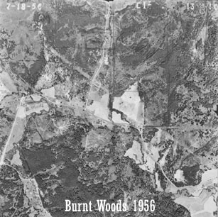 Aerial view of Starker Forests land near Burnt Woods, 1956