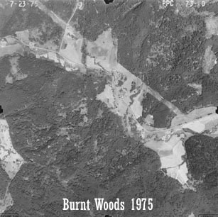 Aerial view of Starker Forests land near Burnt Woods, 1975