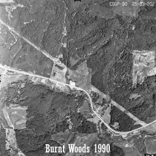 Aerial view of Starker Forests land near Burnt Woods, 1990